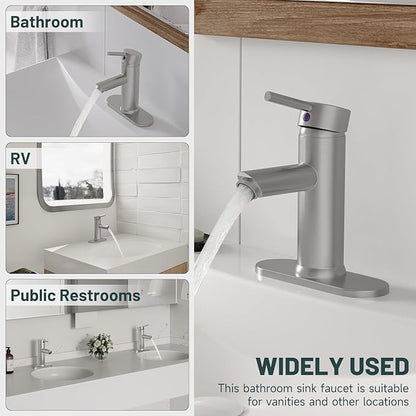 Brushed Nickel Bathroom Faucets, Greenspring Single Handle One Hole Bathroom Sink Faucet, Water Saving Lavatory Vanity Sink Faucet with Cover Plate Commercial Mixer Tap Supply Line, Brass