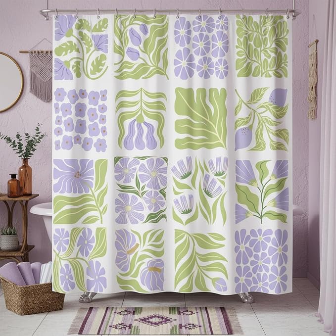 JAWO Cute Boho Floral Shower Curtain, Purple Green Abstract Floral Retro Aesthetic Shower Curtain for Bathroom, Funky Unique Waterproof Fabric Polyester Bath Curtains Decor with Hooks,48Wx70H