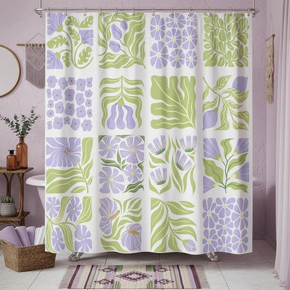 JAWO Cute Boho Floral Shower Curtain, Purple Green Abstract Floral Retro Aesthetic Shower Curtain for Bathroom, Funky Unique Waterproof Fabric Polyester Bath Curtains Decor with Hooks,48Wx70H