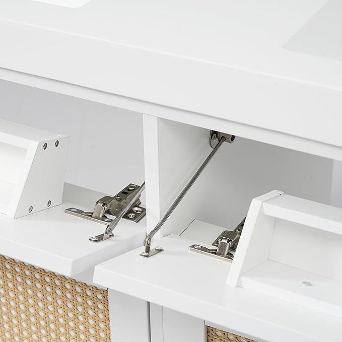 60 Inch Bathroom Vanity with Double Sink,White Doule Sink Vanity with 2 Tip-Out Trays & 4 Soft Closing Doors,Large Storage Space,Silver Knobs,Solid Wood Legs,Woven Rattan Doors Front