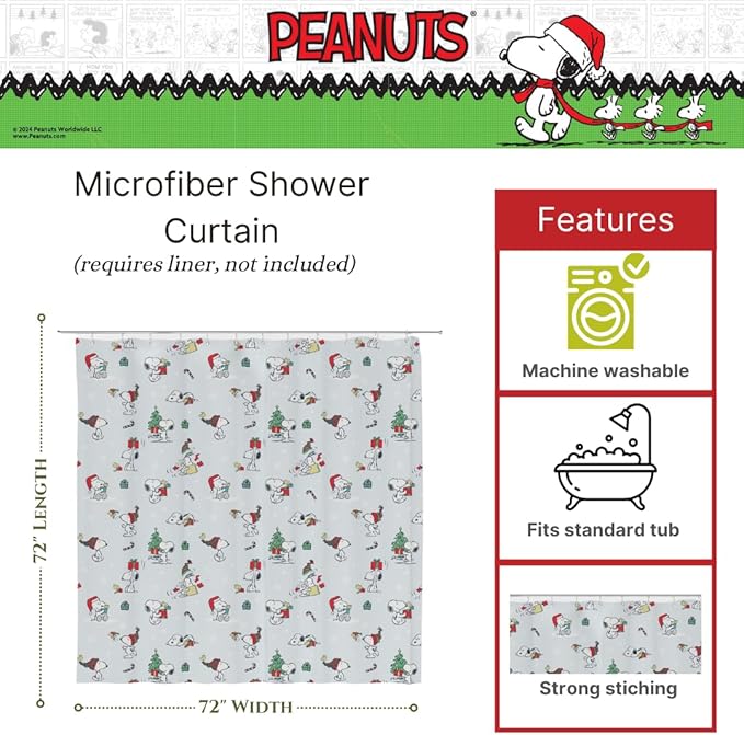 Peanuts Holiday Christmas Bath 13-Piece Shower Curtain Set, 72 x 72 Inch Fabric Curtain with Hooks, Bathroom Decor, Machine Washable, (100% Officially Licensed Product) by Franco Collectibles.