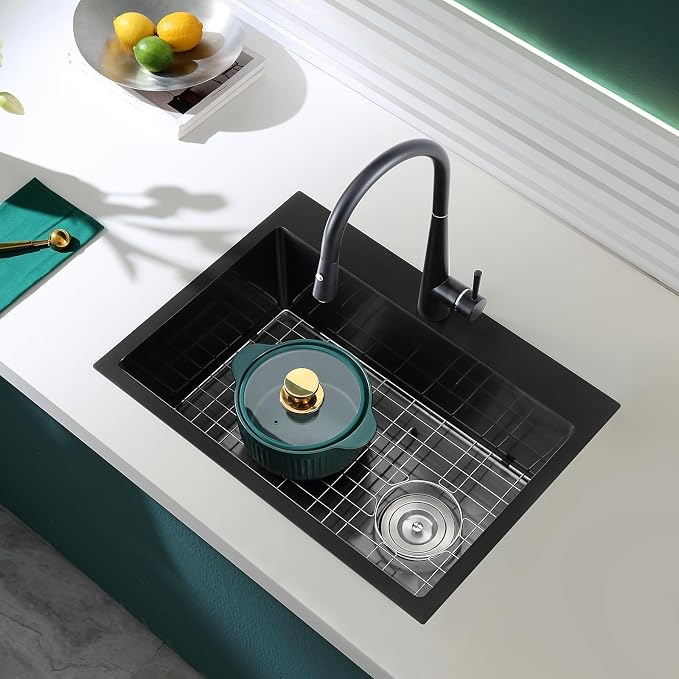 Black Topmount Kitchen Sink - 22”×18” Single Bowl Sink, Sink Grid | 9 Inch Deep Handmade Bar Sink with Strainer, Stainless Steel 304, Right Side Drain, X-Groove Drainage, Sound-Dampening Pad
