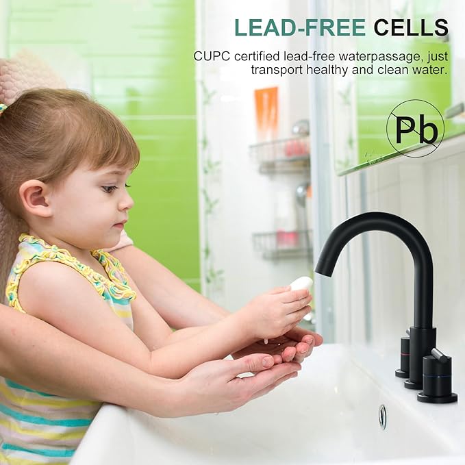 Faustina Black Bathroom Faucets,8 Inch Widespread Bathroom Faucet for Sink 3 Hole,Bathroom Faucet with Pop Up Drain,cUPC Water Supply Line,2-Handles Stainless Steel Vessel Sink Faucet Basin Mixer Tap