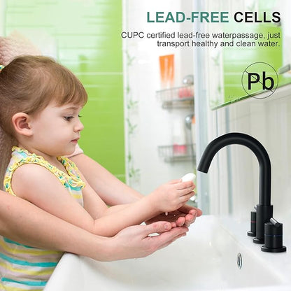 Faustina Black Bathroom Faucets,8 Inch Widespread Bathroom Faucet for Sink 3 Hole,Bathroom Faucet with Pop Up Drain,cUPC Water Supply Line,2-Handles Stainless Steel Vessel Sink Faucet Basin Mixer Tap