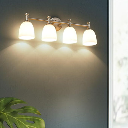 Bathroom Vanity Light, 4-Light Bathroom Light Fixtures Over Mirror, Traditional Vanity Lights for Living Room, Milk White Bell Glass Shades, Standard E26 Base, Brushed Nickel
