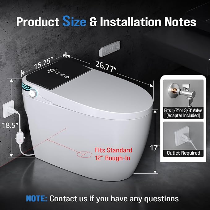 Smart Toilet with Bidet Built In, Tankless Bidet Toilet with 1000g MaP Flush Power, Auto Open/Close Lid, Dual Auto Flush, Heated Seat, Air Dryer, Multiple Cleaning Modes, Foot Sensor