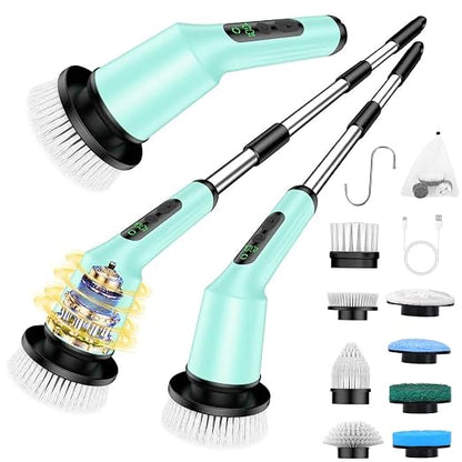 Electric Spin Scrubber for Bathroom, Shower Scrubber with Long Handle | Shower Cleaner Brushes, IPX7 Waterproof & 2 Speed, 8 Brush Heads, 90min Runtime, Bathroom Cleaning Supplies for Toilet Tub