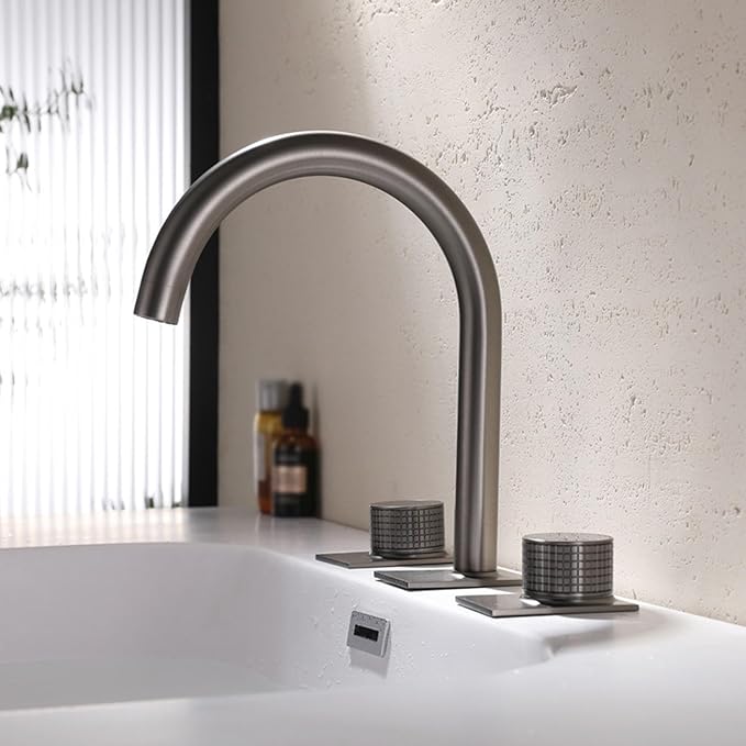 Water Faucet Restroom 3 Hole Gooseneck 2 Knob Faucet for Bathroom Sink Brass,Gun Gray