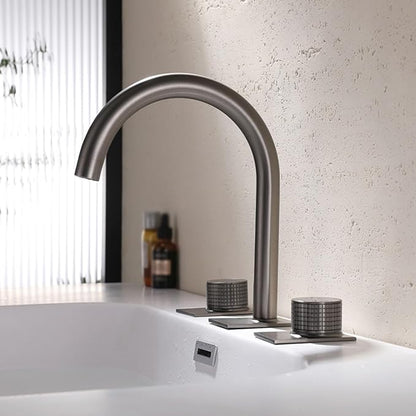 Water Faucet Restroom 3 Hole Gooseneck 2 Knob Faucet for Bathroom Sink Brass,Gun Gray
