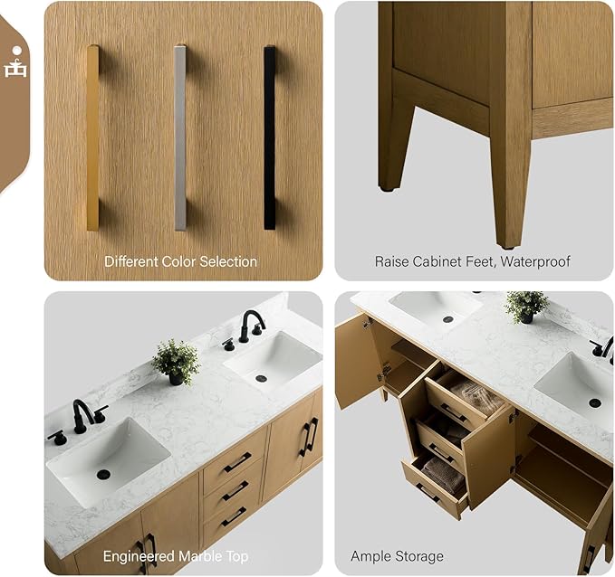 Vanity Art 72 inch Bathroom Vanity with Double Sink & Ceramic Top, Vanity Cabinet with Soft-Closing Doors, Drawers, Solid Wood Frame, Natural Oak, Golden Brushed Handware