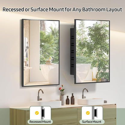 NLShan Medicine Cabinet Mirror for Bathroom: Recessed Vanity Bathroom Cabinet with Mirror Door - Black Metal Framed and Wall Mounted Design with Adjustable Shelves for Bathroom Storage - 16x24 inch