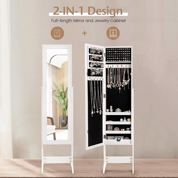 MAT EXPERT Jewelry Armoire Cabinet w/Full-Length Mirror, Jewelry Organizer Standing Mirror w/ 4 Shelves, 3 Adjustable Tilt Angles, Anti-toppling Device, Jewelry Cabinet for Bedroom, Living Room, White