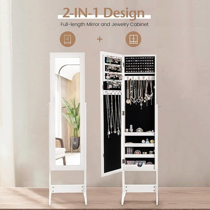 MAT EXPERT Jewelry Armoire Cabinet w/Full-Length Mirror, Jewelry Organizer Standing Mirror w/ 4 Shelves, 3 Adjustable Tilt Angles, Anti-toppling Device, Jewelry Cabinet for Bedroom, Living Room, White