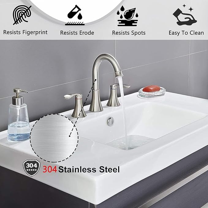 Friho Brushed Nickel Bathroom Faucet 3 Hole, Widespread 8 Inch 2 Handle Vanity Sink Faucet Set with Swivel Spout, Pop Up Drain and Water Supply Hoses
