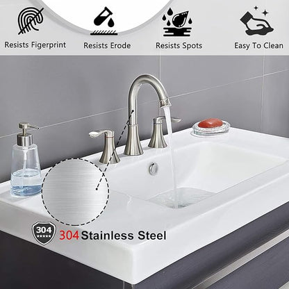 Friho Brushed Nickel Bathroom Faucet 3 Hole, Widespread 8 Inch 2 Handle Vanity Sink Faucet Set with Swivel Spout, Pop Up Drain and Water Supply Hoses