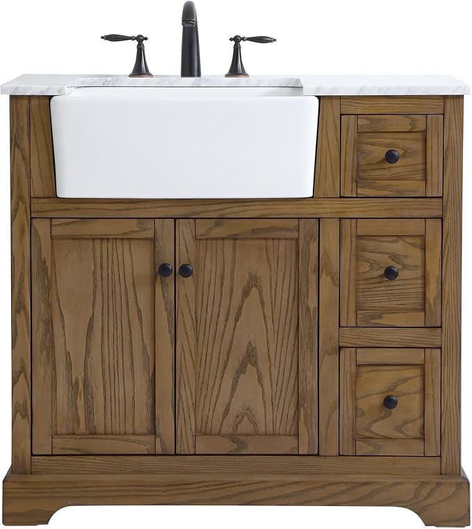 36" Pre-Assembled Bathroom Vanity with Sink, Solid Birch and MDF, Carrara White Marble Countertop Attached, Single Rectangle Porcelain Sink, 3 Soft-Close Drawers, Driftwood