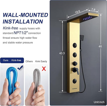ROVATE 6 in 1 LED Rainfall Waterfall Shower Panel Tower System Brushed Gold | Stainless Steel Shower Column with 2-Setting Body Jets, Waterfall Tub Spout and Flexible Handheld, Water Flow Adjustable