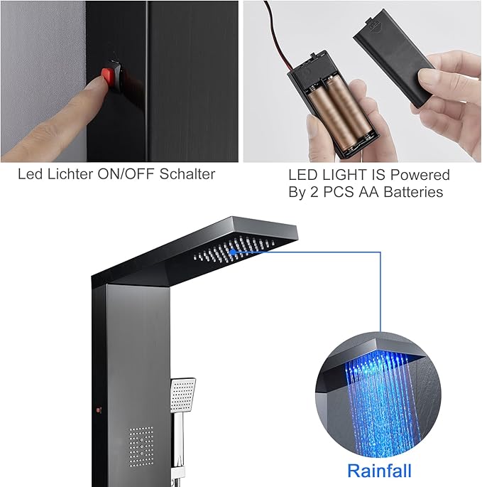 MENATT Stainless Steel Shower Tower Panel System with LED Waterfall Shower, 5-in-1 Shower Panels with Rainfall Shower Head, 2-in-1 Body Jets,Handheld Showerhead,Bathtub Filler (Black)