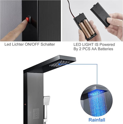 MENATT Stainless Steel Shower Tower Panel System with LED Waterfall Shower, 5-in-1 Shower Panels with Rainfall Shower Head, 2-in-1 Body Jets,Handheld Showerhead,Bathtub Filler (Black)