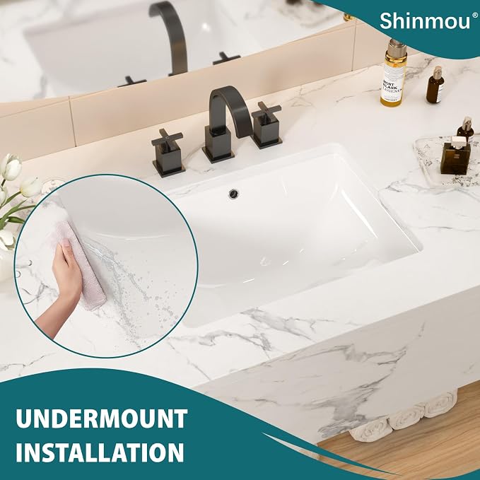 White Ceramic 18"x14" Undermount Bathroom Lavatory Sink | Rectangle under counter white bathroom vessel sink for bathroom with overflow