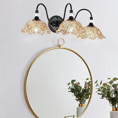 Black Bathroom Vanity Light,3-Light Vanity Light with Floral Amber Glass Shades,Vintage Farmhouse Wall Mount Lighting for Bathroom, Dressing Table