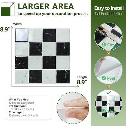 STICKGOO 10 Sheets Peel and Stick Backsplash - 9" x 9" 3D Adhesive Peel and Stick Tile Backsplash for Kitchen&Bathroom