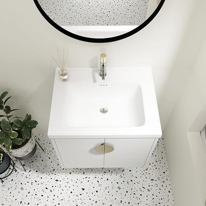 SSLine Modern 24-Inch Bathroom Vanity with Sink Wall Mounted Bathroom Vanity with Top Basin & Storage Cabinet White Wood Floating Vanity w/Ceramic Sink & Gold/Black Handles for Small Space