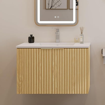 30" Modern Bathroom Vanity with Wavy Textured Doors - Wall Mounted Floating Cabinet, Soft-Close Waterproof Storage for Small Bathroom, Easy Install (Nature Without Sink, 30")