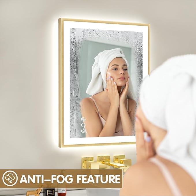 24x36 Inch LED Bathroom Mirror Gold Frame | Gold Metal Frame, Front and Backlit, 3 Colors, Dimmable, Memory, Anti Fog, Tempered Glass, Lighted Mirror for Wall