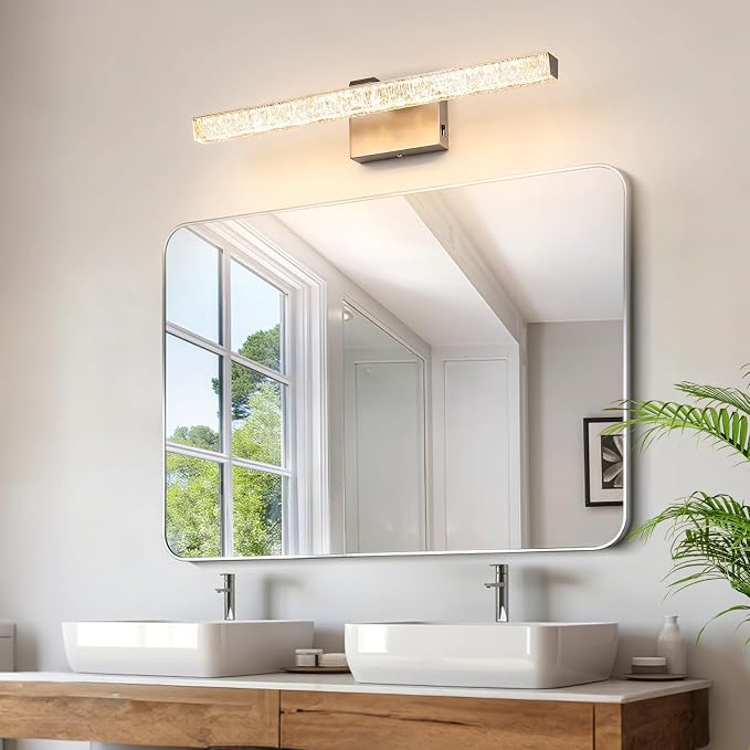 24 Inch LED Vanity Lights for Bathroom, 5CCT Selectable Brushed Nickel Bathroom Light Fixtures Over Mirror, Iceberg Crackle Acrylic Modern Wall Sconce, Dimmable Slim Bar for Mirror Cabinet