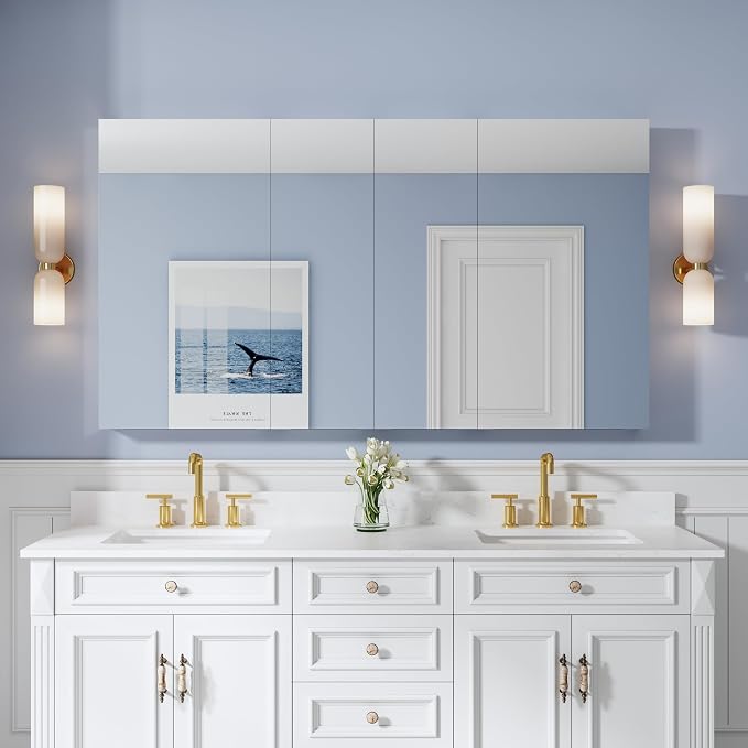 64" x 36" Bathroom Medicine Cabinet with Mirror, Anodized Chrome Aluminum Frame, Surface Mount or Recessed Medicine Cabinet with Mirror, Bathroom Mirror with Storage, Four Doors
