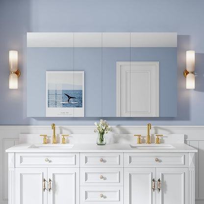 64" x 36" Bathroom Medicine Cabinet with Mirror, Anodized Chrome Aluminum Frame, Surface Mount or Recessed Medicine Cabinet with Mirror, Bathroom Mirror with Storage, Four Doors