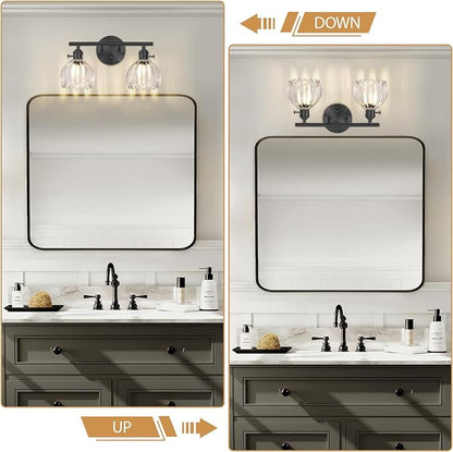 Matte Black 2 Light Bathroom Vanity Light,14.9in Modern Bathroom Lighting Fixtures Over Mirror with Clear Crystal Glass Shade,Vintage Vanity Lights for Bathroom Living Room Bedroom（not include bulbs)