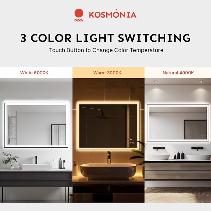 32x48 Inch Large LED Bathroom Mirror, Front & Backlit | Wall Mount Vanity Mirror, Anti-Fog Dimmable 3 Color Temperature Memory Function, Aluminum Frame Tempered Glass