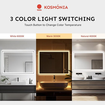 36x72 Inch LED Bathroom Mirror, Front & Backlit | Extra Large Wall Mount Vanity Mirror, Anti-Fog Dimmable 3 Color Temperature Memory Function, Aluminum Frame Tempered Glass