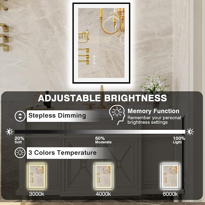 EchosLife 20x28 LED Bathroom Mirrors for Wall - Black Aluminum Framed | Black Frame, Front and Backlit, Anti-Fog, Stepless Dimmable, 3 Colors, Memory, Tempered Glass, UL Listed, Horizontal/Vertical