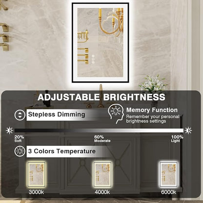 EchosLife 20x28 LED Bathroom Mirrors for Wall - Black Aluminum Framed | Black Frame, Front and Backlit, Anti-Fog, Stepless Dimmable, 3 Colors, Memory, Tempered Glass, UL Listed, Horizontal/Vertical