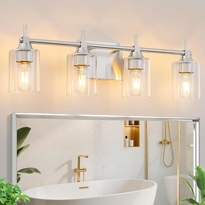 4-Light Modern Bathroom Vanity Light,Brushed Nickel Light Fixtures for Bathroom,Modern Wall Light Over Mirror with Glass E26 Socket (Bulbs Not Included)