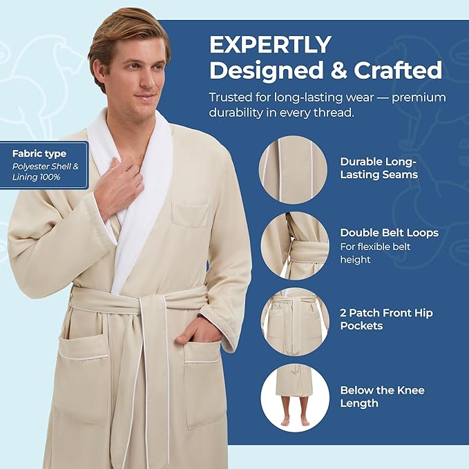 MONARCH Unisex Plush Lined Microfiber Bath Robe - Soft Shell with Polyester Lining, Resort-Grade Hotel & Spa Robe with Pocket