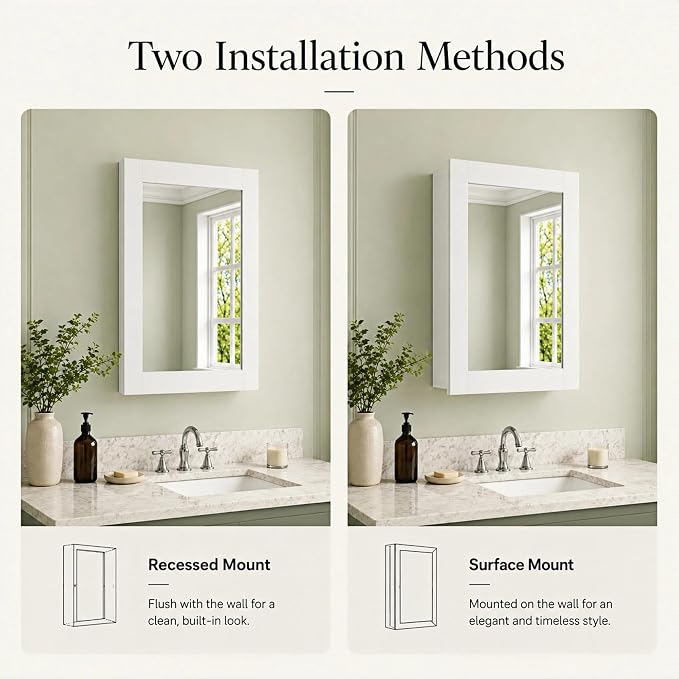 Buruis 24 x 30 Inch Bathroom Wood Medicine Cabinet Mirror, White | Fully Assembled Design, Adjustable Glass Shelves, Soft-Close Hinges, Bathroom Storage Organizer, Left/Right Opening