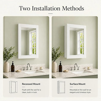Buruis 24 x 30 Inch Bathroom Wood Medicine Cabinet Mirror, White | Fully Assembled Design, Adjustable Glass Shelves, Soft-Close Hinges, Bathroom Storage Organizer, Left/Right Opening