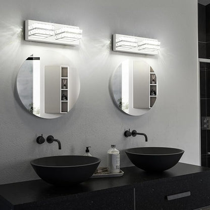 OKELI Crystal Bathroom Lighting Fixtures Over Mirror 2 Light Chrome Vanity Light Modern Vanity Wall Light for Washbasin, Dressing Table, 18W, Dimmable Cold White