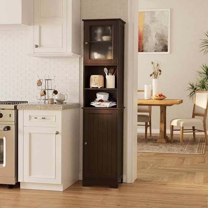 Gizoon Tall Bathroom Storage Cabinet | Freestanding Linen Cabinet with Two-Way Doors, Adjustable Shelves, for Home, Kitchen, Living Room, Dark Brown