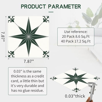 MORCART 40PCS,7.87" x 7.87" Peel and Stick Floor Tile, Green Stellar | DIY Vinyl Flooring Self-Adhesive Removable and Waterproof Tile Sticker for Bathroom, Kitchen, Wall, Bedroom, Stairs