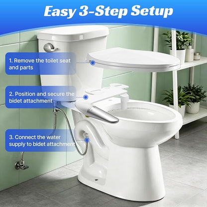 Bidet Attachment for Toilet,Ultra Thin Dual Nozzles,Cold Water Knob Control | One-click detach,0.23" slim ultra thin body, foldable double nozzle, adjustable water pressure, suitable for most toilets