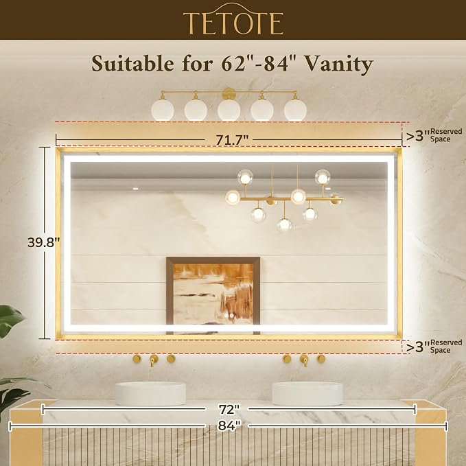 72 x 40 Bathroom LED Mirror Brushed Gold Metal Frame Frontlit & Backlit Vanity Mirror Anti-Fog Stepless Dimmable 3 Colors White/Warm/Natural Wall-Mounted