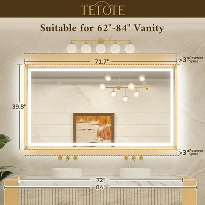 72 x 40 Bathroom LED Mirror Brushed Gold Metal Frame Frontlit & Backlit Vanity Mirror Anti-Fog Stepless Dimmable 3 Colors White/Warm/Natural Wall-Mounted