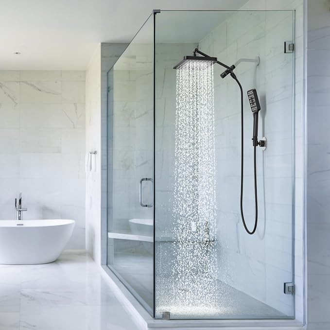 SR SUN RISE Rainfall Dual Shower Head with Adjustable Spray in Matte Black | High pressure double and tandem shower head set features a 12'' rainfall head, handheld spray, and adjustable angles.