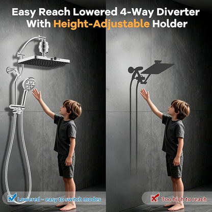 Hibbent 13" Filtered Shower Head & Filtered 10-Mode Handheld Combo, Chrome | High Pressure 5-Spray Showerhead, 4-way Diverter, Heightened All Metal Extension Arm, 3 Filter Cartridges, Easy Reach