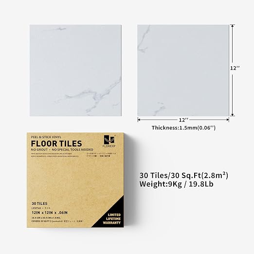 Peel and Stick Vinyl Floor Tiles | White Marble | 30 Tiles | Waterproof / DIY installation / Kitchen / Bathroom /RV /Living Room /Lobby /2.8m2